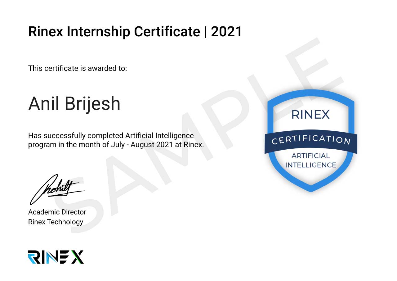 ArtificialIntelligence, Rinex, Internship, Certificate, 2021