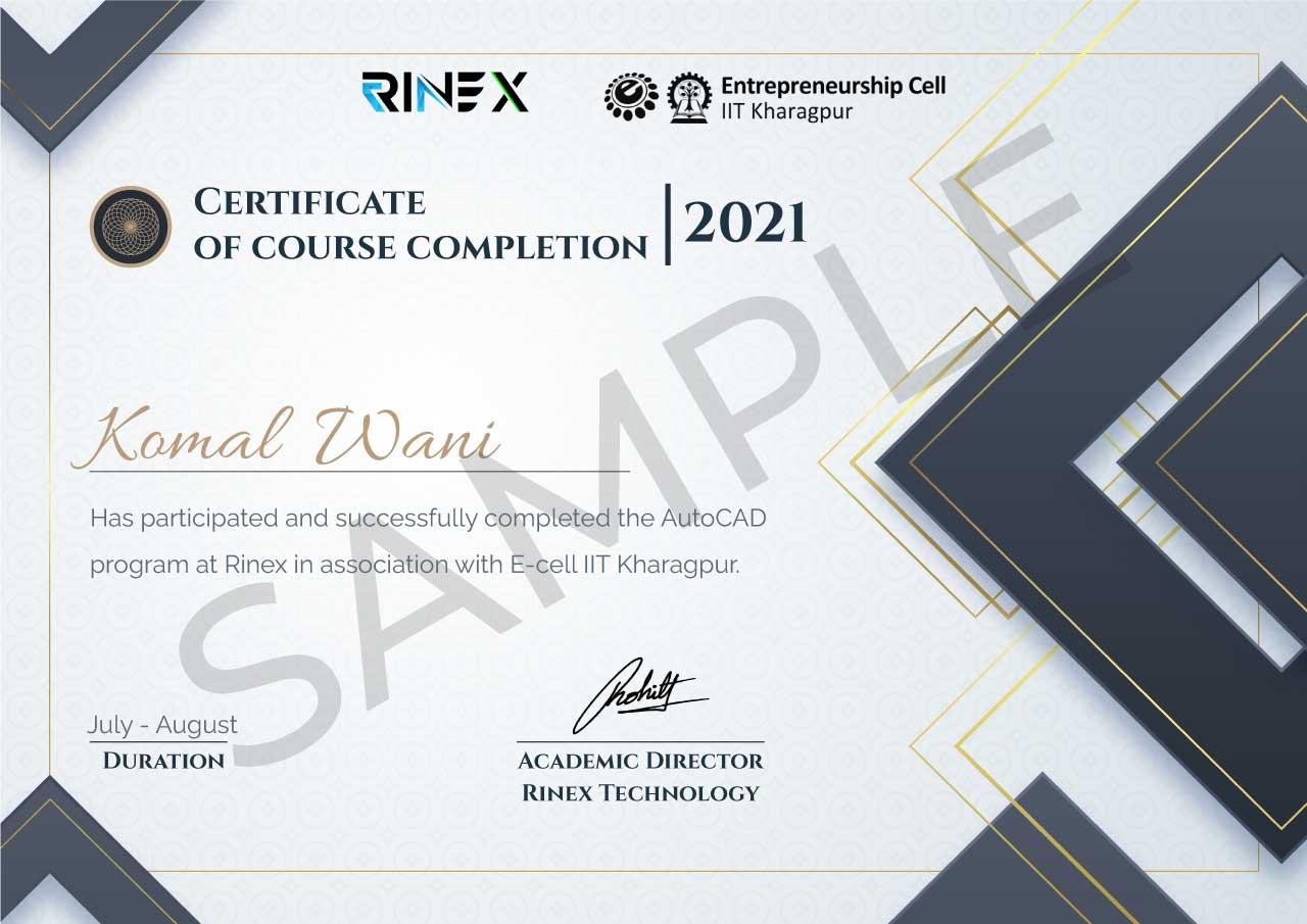 AutoCAD, Course Completion, Certificate, 2021, E Cell IITKharagpur, RineX