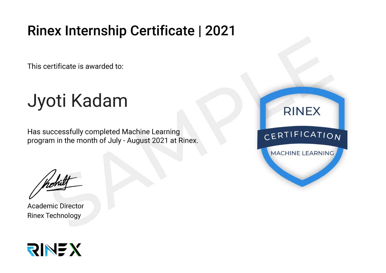Machine Learning, Rinex, Internship, Certificate, 2021
